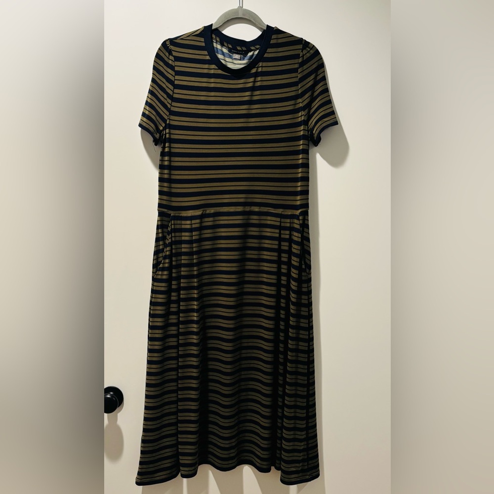 Tommy Hilfiger Olive Green & Navy Blue Striped Midi Dress Size 14